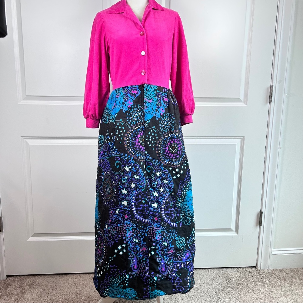 Vtg 60s Maxi Hostess Dress Long Sleeve Quilted  Granny Cottagecore